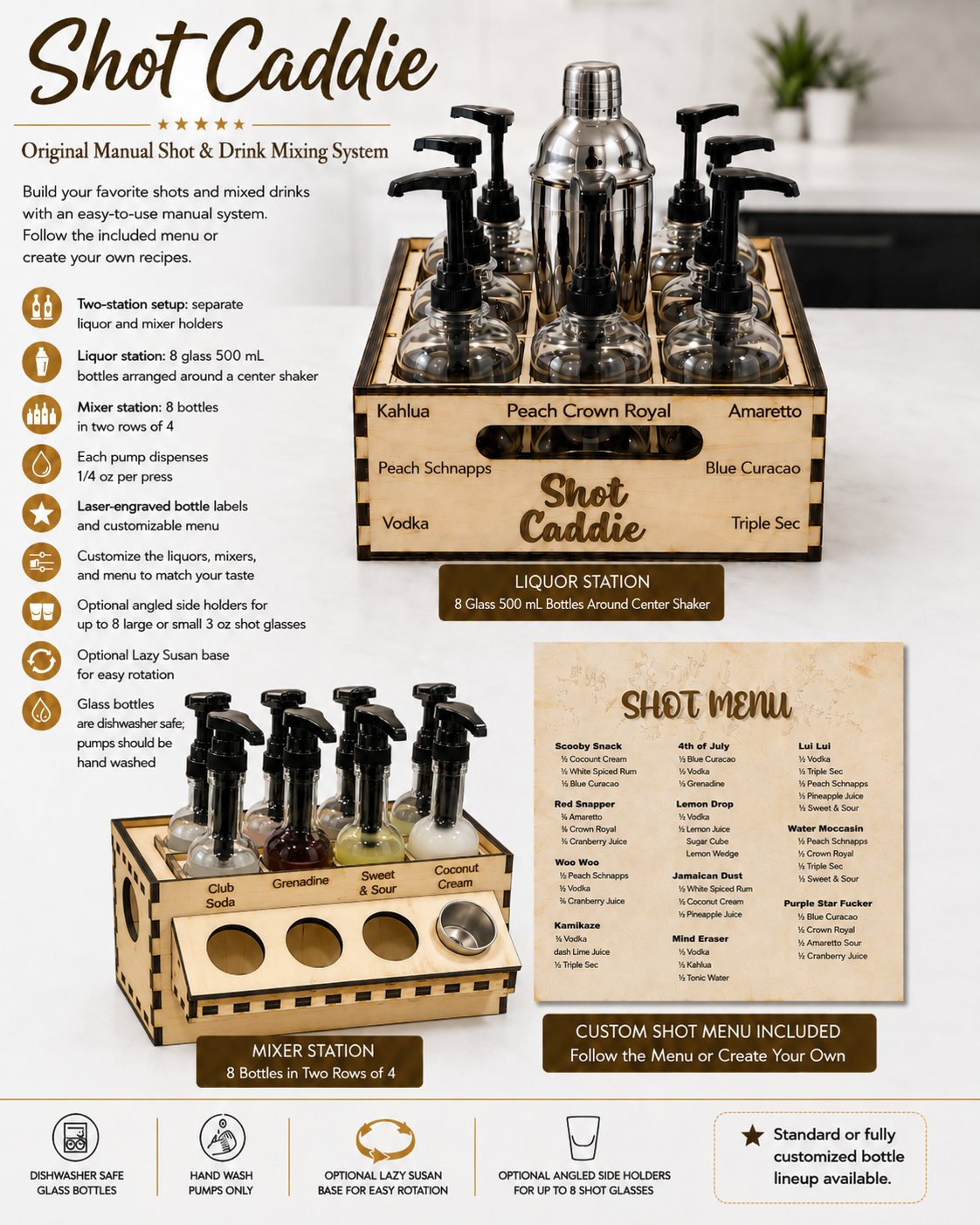 Shot Caddie Original — laser-engraved wood liquor and mixer stations with pump-top glass bottles and a center shaker