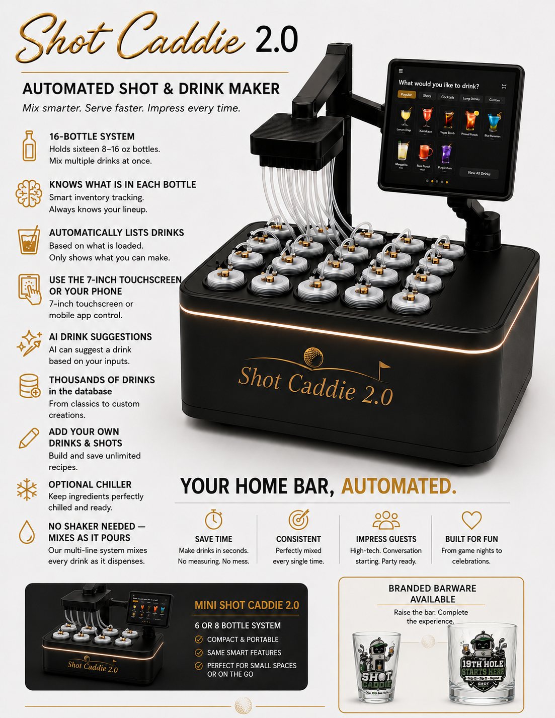 Shot Caddie 2.0 with branded shot glass and rocks glass barware
