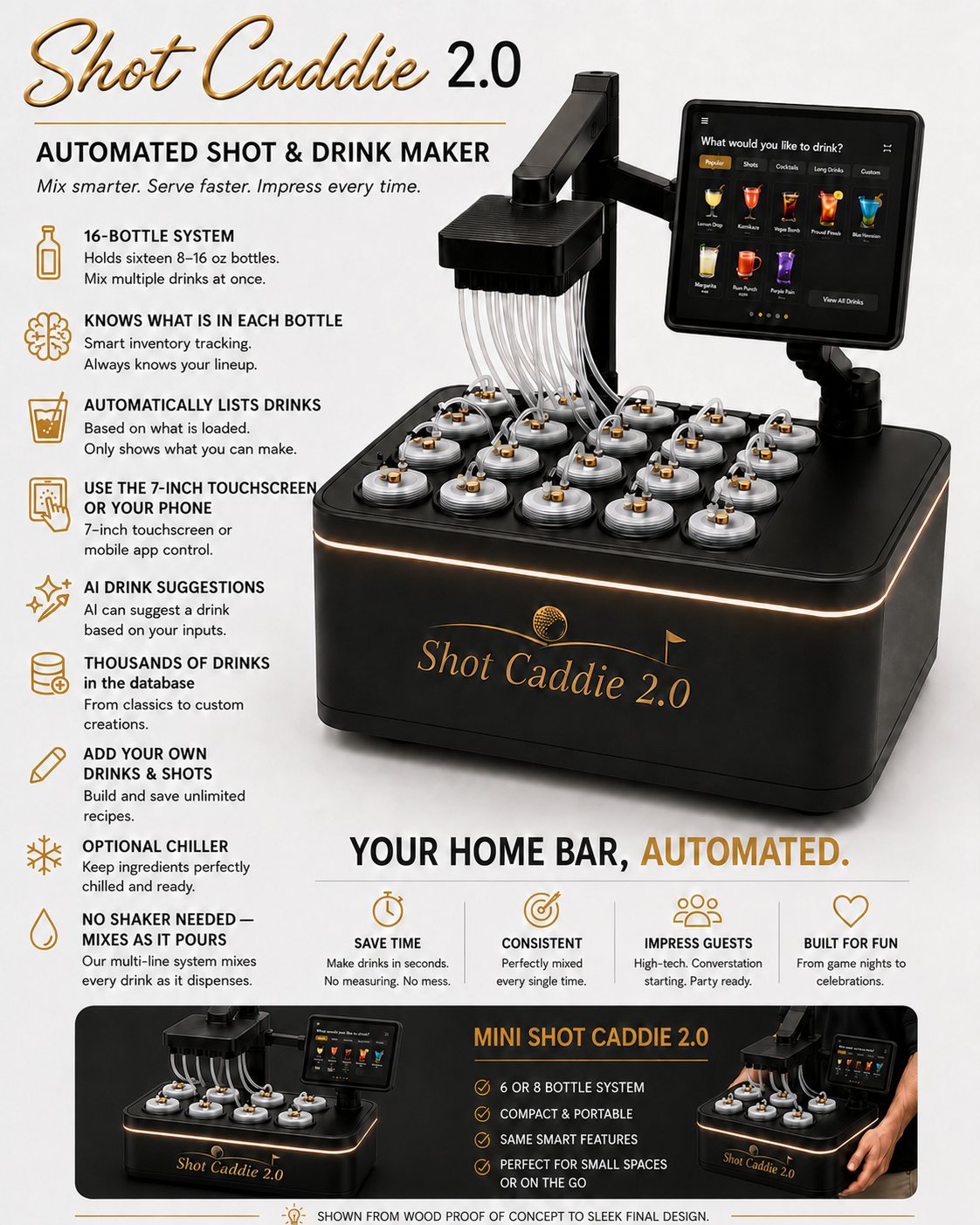Shot Caddie 2.0 — automated drink maker with sixteen bottles and a 7-inch touchscreen