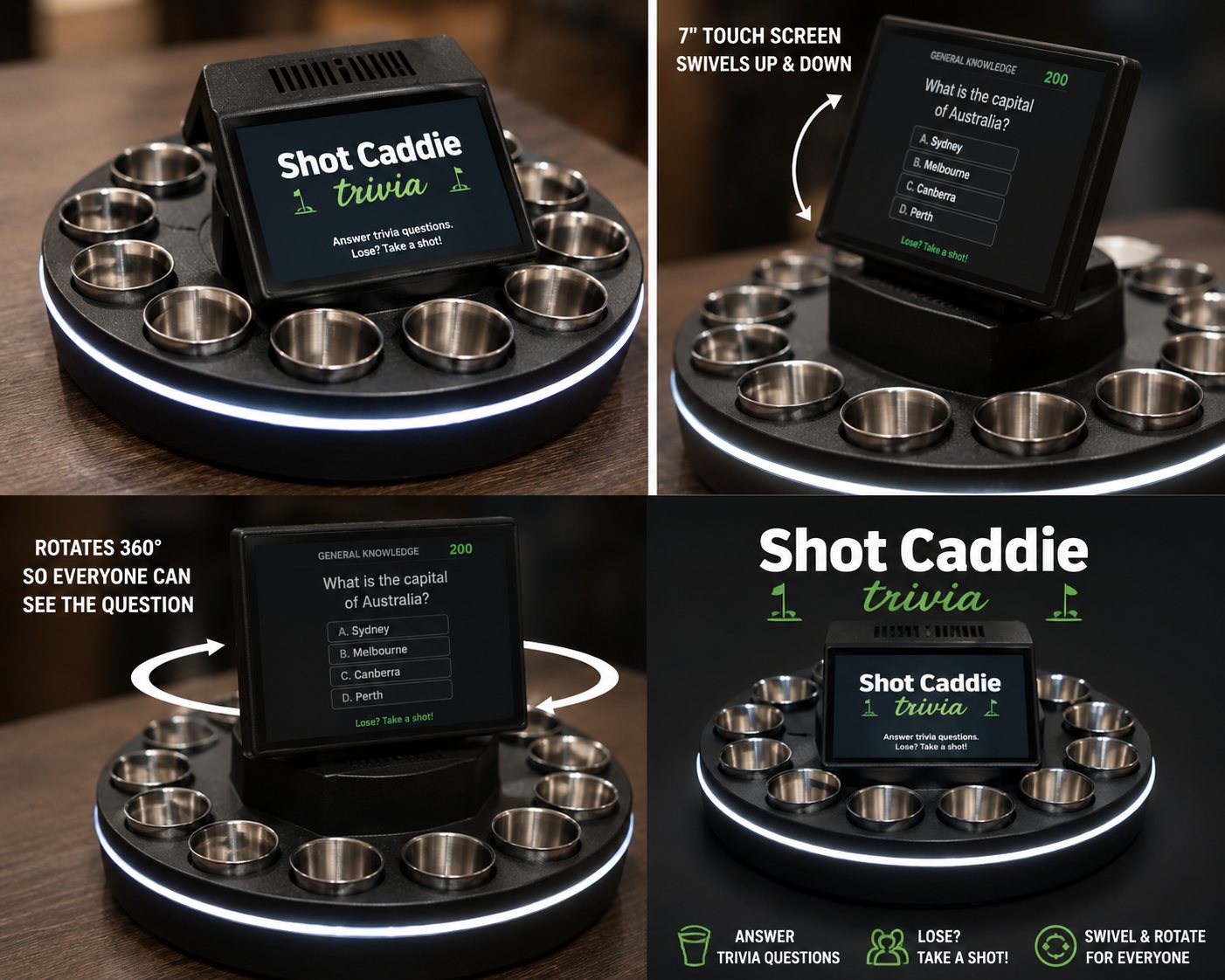 Shot Caddie Trivia — rotating 7-inch touchscreen with an LED ring and shot stations around the base